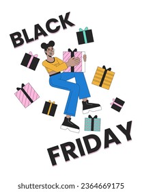 Black friday gifts 2D linear illustration concept. Happy african american shopper holding present cartoon character isolated on white. Weekend deals metaphor abstract flat vector outline graphic