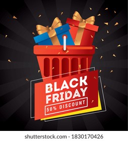 black friday with gifts in basket design, sale offer save and shopping theme Vector illustration