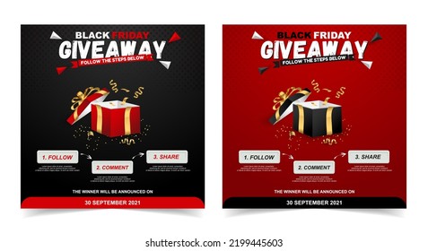 Black Friday Giveaway steps for social media contest with give box  design concept