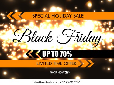 Black Friday glow sparkling web banner. Black text on dark luminous night background. Special holiday sale. Up to 70 percent discount. Limited time offer. Firework sparks holiday poster