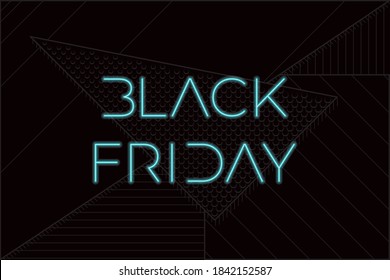 Black Friday Glowing Neon Sign Style Wide Unlinked Logo Lettering End Of Season Creative Concept - Turquoise On Deep Black Geometric Suprematist Style Background - Vector Mixed Graphic Design