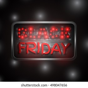 Black Friday glowing text on a metal plate with red and white lights on a dark, night background. Vector illustration.