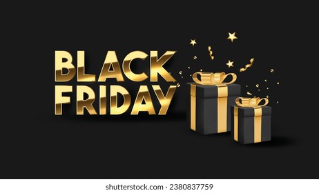 Black Friday Gold Font and Black Gift Box, Discount Sale Promotion Background. Vector Design.