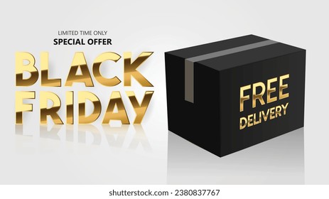 Black Friday Gold Font and Black Gift Box, Discount Sale Promotion Background. Vector Design.