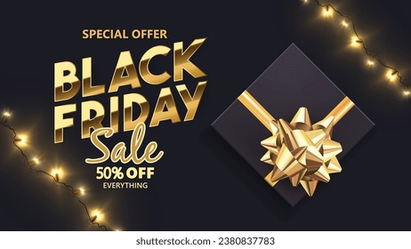 Black Friday Gold Font und Black Gift Box, Discount Sale Promotion Hintergrund. Vektordesign.