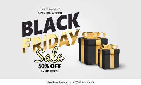 Black Friday Gold Font and Black Gift Box, Discount Sale Promotion Background. Vector Design.