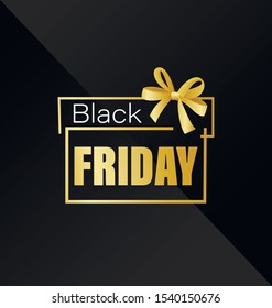 Black friday. Gold gift wrap. Sale, shopping. Vector image gift box with bow. Layout background. Design for poster, booklet, card, advertising, sign, icons. 