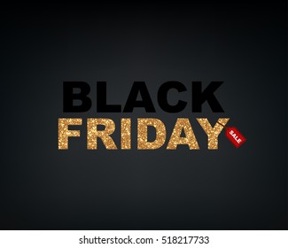 Black Friday gold glitter wording with sale word on red tag. Design in vector illustration