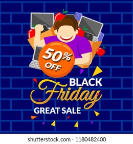Black friday gold purple banner with bag full of stuff