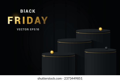 Schwarzer Freitag, goldener 3D-Würfel und Zylinder Podium in dunklen abstrakten Raum. 
Minimale Szene für den schwarzen Freitagsverkauf, Mock-up Produkte, Stage Showcase, Promotion-Display. Vektor eps10
