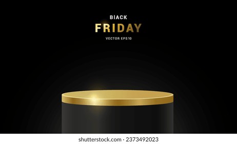 Viernes negro, cubo 3D dorado y podio de peatones con cilindro en habitación abstracta oscura. Escena mínima para venta de viernes negro, productos de Mockup, escaparate de escenario, pantalla de promoción. Vector eps10