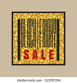 Black Friday golden holographic foil background. Barcode sale concept inscription. Vector illustration.