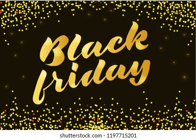 Black Friday  golden lettering typography poster. Vector illustration on black  background  with golden glitter as wholesale poster,banner, flyer template. Concept advertising.
