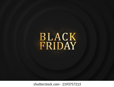 Black Friday golden text with circle black 3d luxury background for products, promotion, and advertising in Neumorphic design. Black background. Vector illustration.