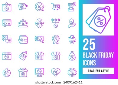Black Friday Gradient Icon Set. Containing monitor, award, cyber, discount, tag, calendar, click, badge, store, label, sale, buy, crown, money, bargain, heart, distribution, faq, sand, clock.