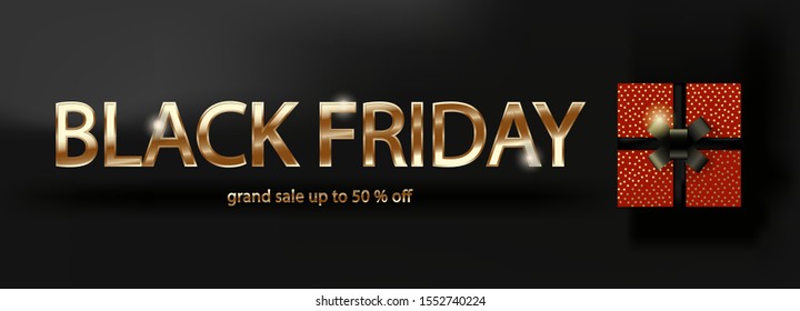 Black friday grand sale banner. Golden letters on a dark background with a present (gift) wrapped in a red glitter paper.