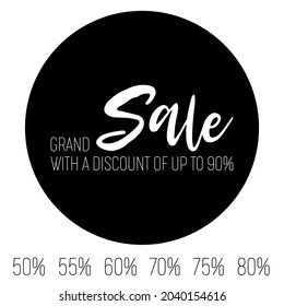 Black Friday Grand Sale woth a discount of up to 90% banner template constructor. 50, 55, 60,70, 75, 80, 90 percent off text elements. Total sale poster with discount promotional labels