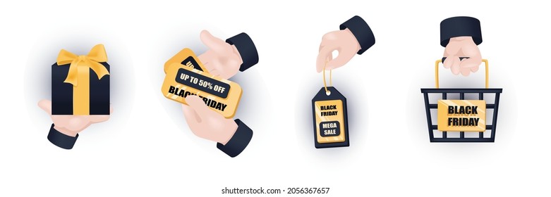 Black Friday graphic concept hands set. Human hands holding gift, sign with discount prices, label with discount prices, shopping basket. Mega Sale Day. Vector illustration with 3d realistic objects
