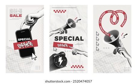 Black Friday Graphic Templates for Sale in Social Media Story. Vector banners with halftone elements. Hand with megaphone, phone, alarm clock and discount promotions. Contemporary art vector collage