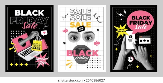 Plantillas gráficas del Black Friday a la venta en Social Media Story. Anuncios contemporáneos con Elementos de medio tono. Mano con megáfono, teléfono, despertador y promociones de descuento. collage de Arte vectorial