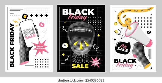 Modelos gráficos Black Friday para venda em Social Media Story. Banners contemporâneos com elementos de meio-tom. Mão com megafone, telefone, despertador e promoções de desconto. Arte vetorial de colagem