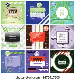 Black Friday Graphics. Set of Trendy Abstract Geometric Vector Bubbles. New Arrival, Big Sale and Special Offer. Vivid Banner in Retro Poster Design Style. Vintage and Modern Colors