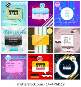 Black Friday Graphics. Set of Trendy Abstract Geometric Vector Bubbles. New Arrival, Big Sale and Special Offer. Vivid Banner in Retro Poster Design Style. Vintage and Modern Colors