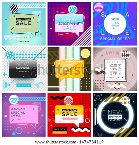 Black Friday Graphics. Set of Trendy Abstract Geometric Vector Bubbles. New Arrival, Big Sale and Special Offer. Vivid Banner in Retro Poster Design Style. Vintage and Modern Colors
