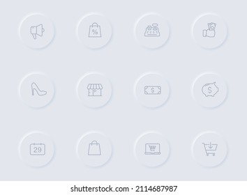 black friday gray vector icons on round rubber buttons. black friday icon set for web, mobile apps, ui design and promo business polygraphy