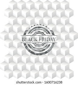 Black Friday grey emblem with geometric cube white background