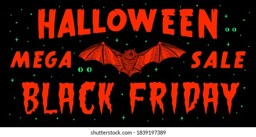 Black friday halloween super mega sale with bat illustration on black background