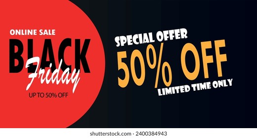 Black Friday halved price online sale promotional banner, 50 percent off discount voucher graphic design,