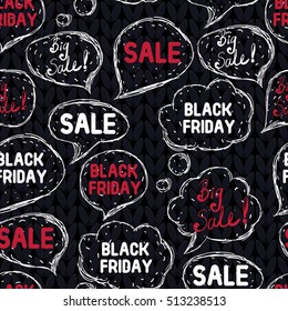 Black Friday. Hand drawing speaking bubbles. Seamless pattern. Black background. Knitting style vector illustration.