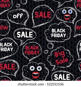 Black Friday. Hand drawing speaking bubbles. Seamless pattern. Illustration sell emotions: shock face, expression, surprise,mouth open, wondering eyes. Knitting style vector illustration.