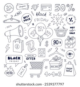 Black Friday hand drawn doodle set for hot sale and big price off. Shopping cart, package, gift box, discount label and tags, sign of percent for business promo offers on internet and shop.