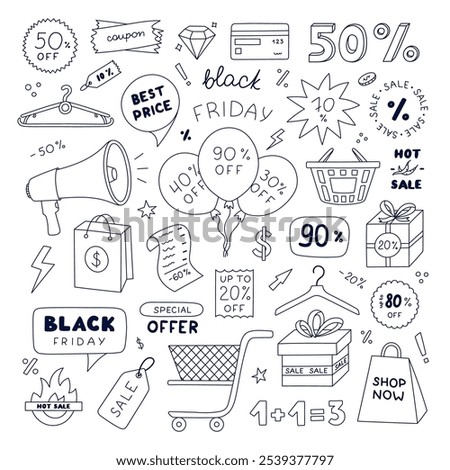 Black Friday hand drawn doodle set for hot sale and big price off. Shopping cart, package, gift box, discount label and tags, sign of percent for business promo offers on internet and shop.