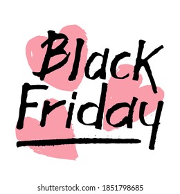 Texto con letras dibujadas a mano del viernes negro en el fondo con corazones rosados, ilustración vectorial. Diseño para decoración, venta de banner y promoción. Diseño vectorial del viernes negro. Calligrafía vectorial de tiempo de venta.
