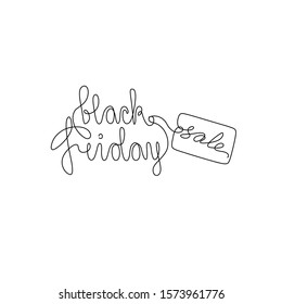 Black Friday hand lettering ans sale tag, emblem or logo design, continuous line drawing, tattoo, inscription, print for clothes, t-shirt,  one single line on a white background, isolated vector.
