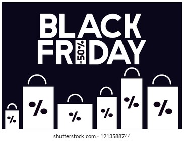 Black Friday - hand lettering in minimalistic style and shopping bags percentage; white letters on black background. Vector illustration for prints, stickers, banners, posters and flyers, online store