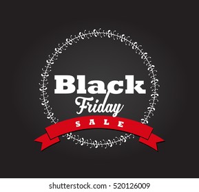 Black Friday hand made simple label with red color ribbon, circle pattern and Sale - dark version.