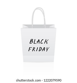 Black Friday hand written lettering on white paper shopping bag. Shopping and sale concept vector illustration. Eco packaging. Easy to edit template for shops, markets, promotion and advertising.