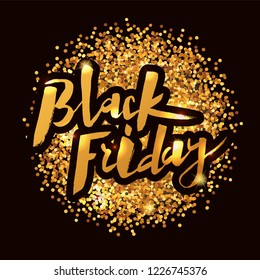 Black Friday handmade lettering, calligraphy with sparkling golden texture for logo, banners, labels, badges, prints, posters, web. Vector EPS 10.