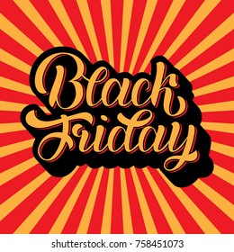 Black Friday handmade lettering, calligraphy background for logo, banners, labels, badges, prints, posters, web. Vector illustration orange letters with volume on red background.