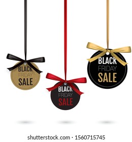 Black Friday Hanging Tags In Black, Gold Red And White With Ribbon Bow With The Text Black Friday Sale.

