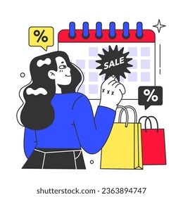 Black friday. Happy character with shopping bags and presents. Offline and online shopping with a big discount and special offer. Promo advertising. Flat vector illustration