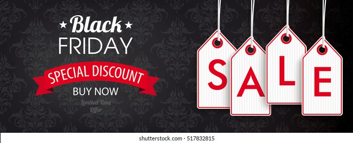 Black Friday Header With Price Stickers On The Black Background With Ornaments. Eps 10 Vector File.