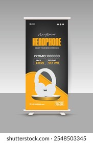 Black Friday Headphone Sale Standing Banner, Pop-up Banner, Trade Show Banner, Product Sale Pull-up Banner design template 