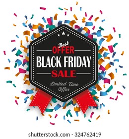 Black friday hexagon emblem with colored confetti. Eps 10 vector file.