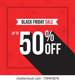 Black Friday Holiday Up To 50% Off Sale Advertisement Square Template Vector Illustration Over Red Background with Snowflakes