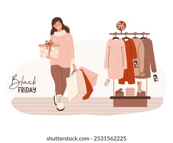 Feriado de Black Friday. Feliz mulher compradora com pacotes e presentes. Venda de compras da loja. Roupas na moda em cabides e sapatos. Ilustração vetorial. Consumismo, conceito de compra. Banner horizontal